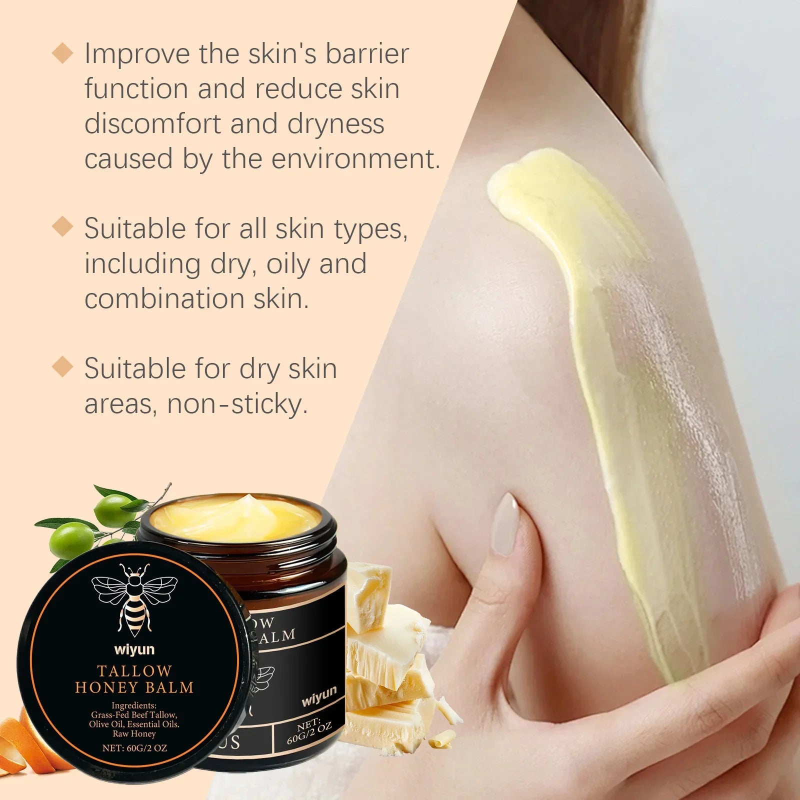 Revitalize Your Skin with WIYUN Beef Tallow Honey Moisturizing Cream - Anti-Aging, Soothing, and Brightening Care